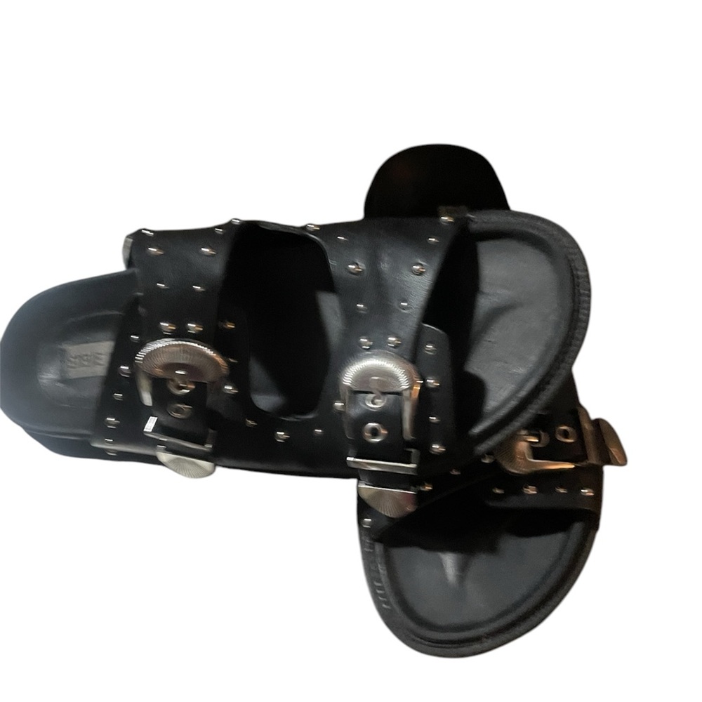 Steve Madden Connely Buckle Slide Sandal in Black with Silver Buckles and Studs